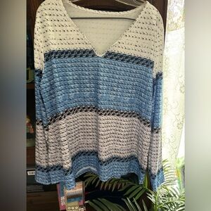 Blue and White Striped V-Neck long sleeve blouse